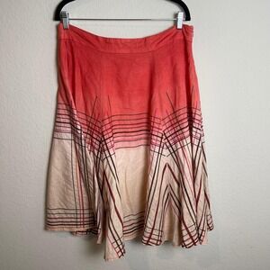 Kenar Linen Blend Skirt A-Line Midi Coral Pink Plaid Print Size 10